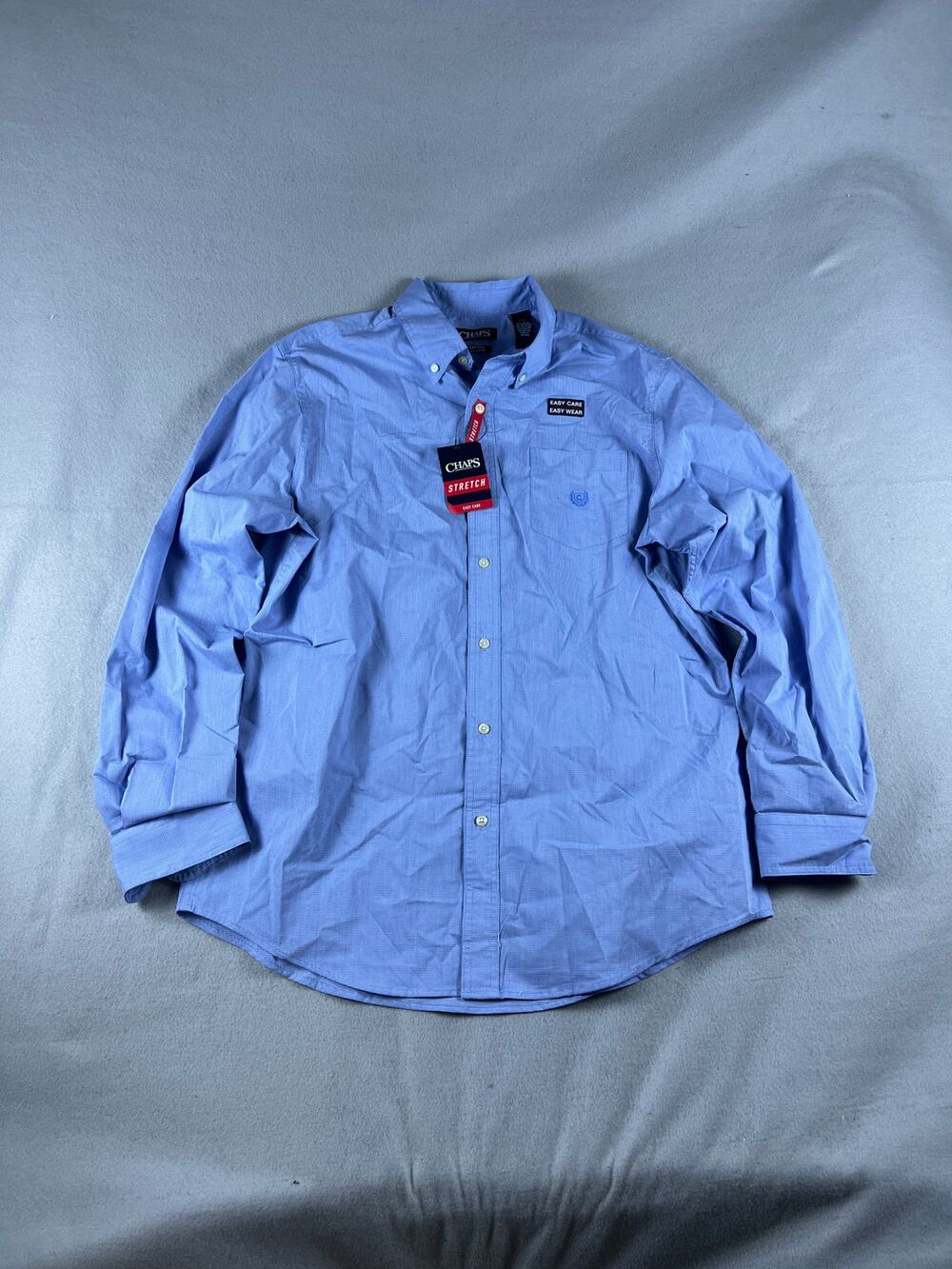 Chaps Shirt Mens L Blue Long Sleeve Button Up Houndstooth Check Stretch Preppy